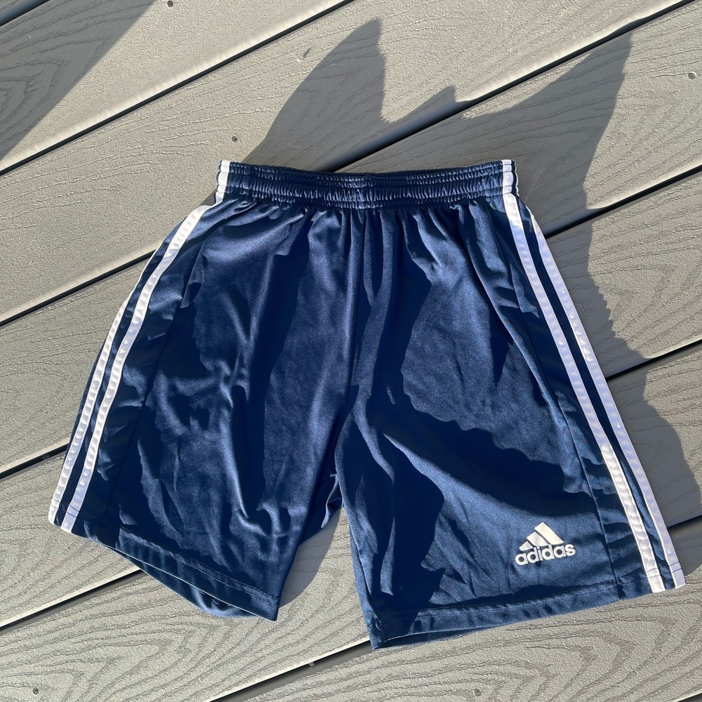 Adidas Men's Dark Blue Athletic Shorts with White Stripes